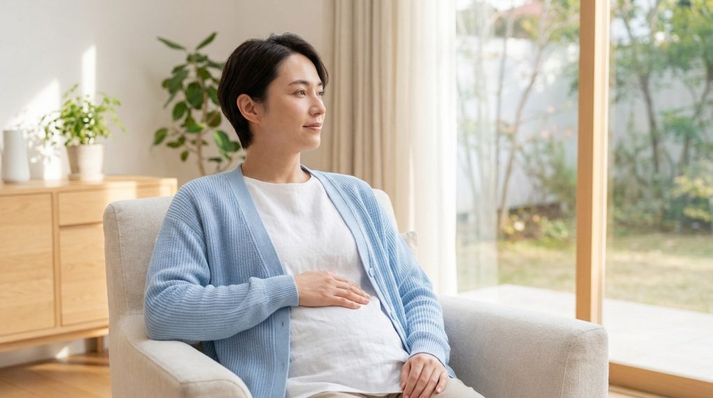 Une femme enceinte assise dans un fauteuil, sereine, regardant par la fenêtre dans un intérieur lumineux.