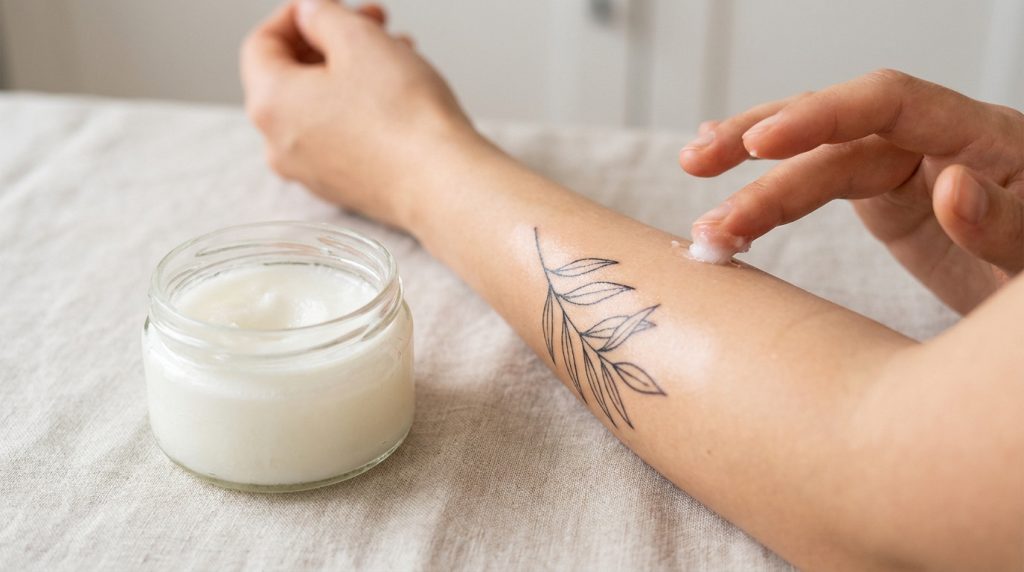 Une personne applique de l'huile de coco sur un tatouage floral minimaliste sur son avant-bras.