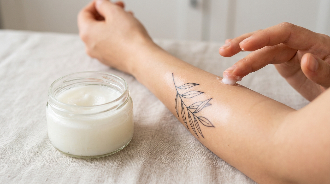 Une personne applique de l'huile de coco sur un tatouage floral minimaliste sur son avant-bras.