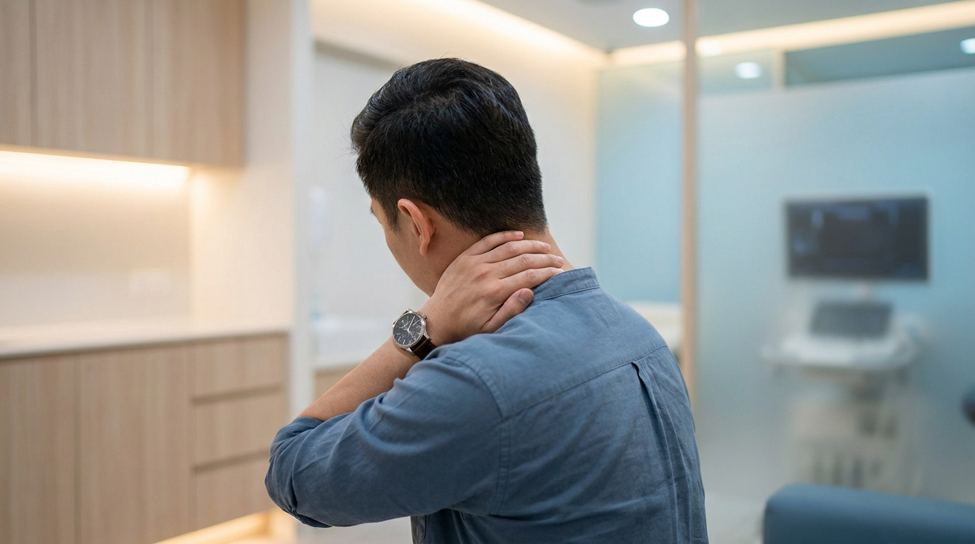Un homme se tenant la nuque dans un cabinet médical, exprimant une douleur ou une gêne cervicale.