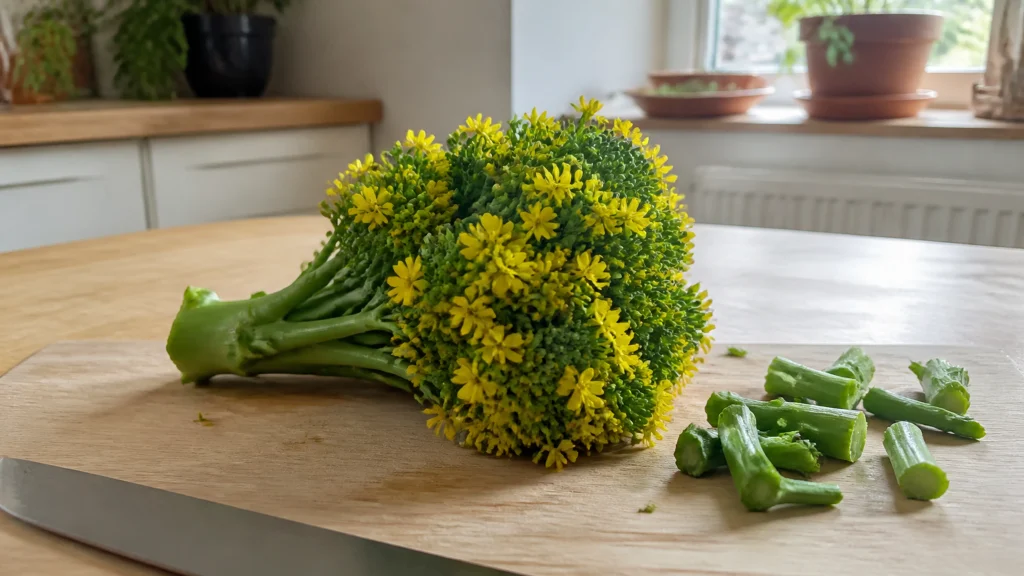 Illustration éditoriale pour l’article « Peut-on manger un brocoli en fleur et comment l'utiliser »